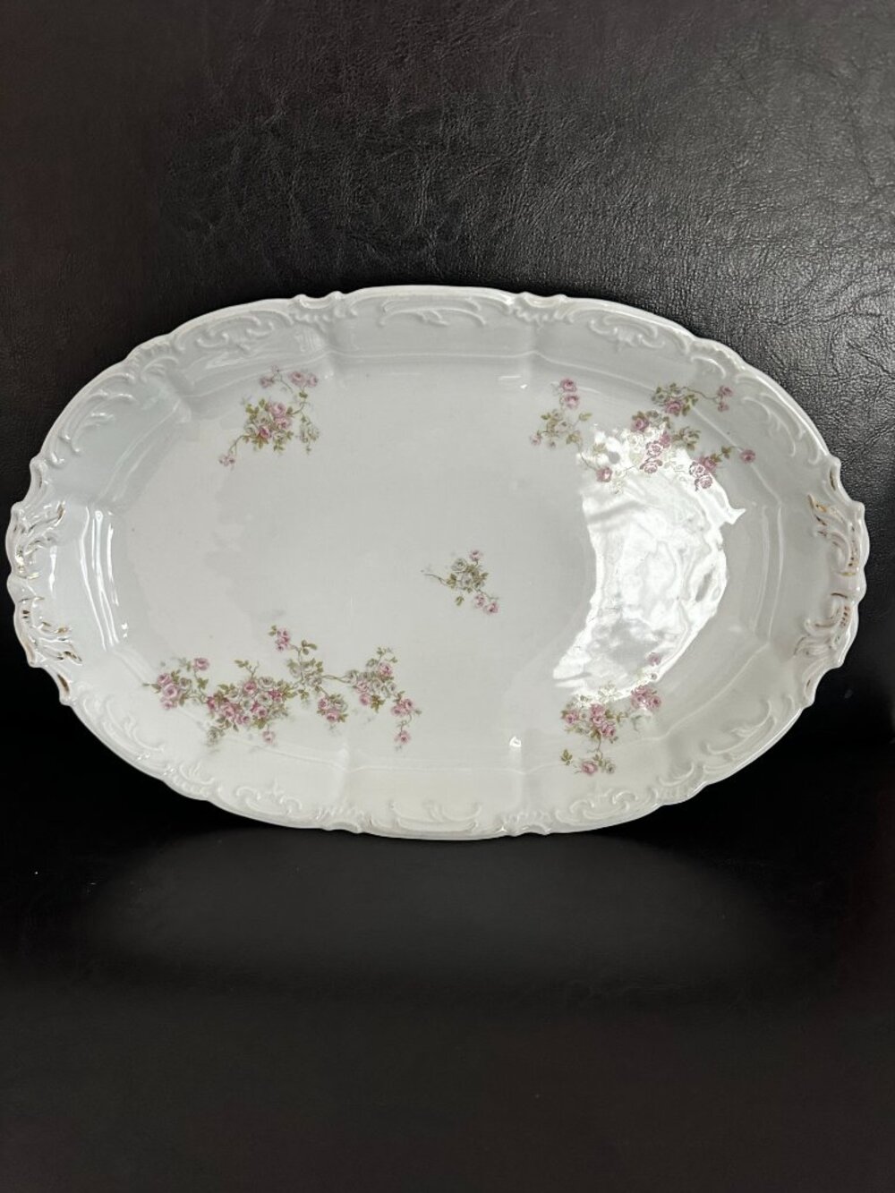 Weimar Porcelain 14in Oval Porcelain Platter Pink Vined Roses Germany 1920s RARE